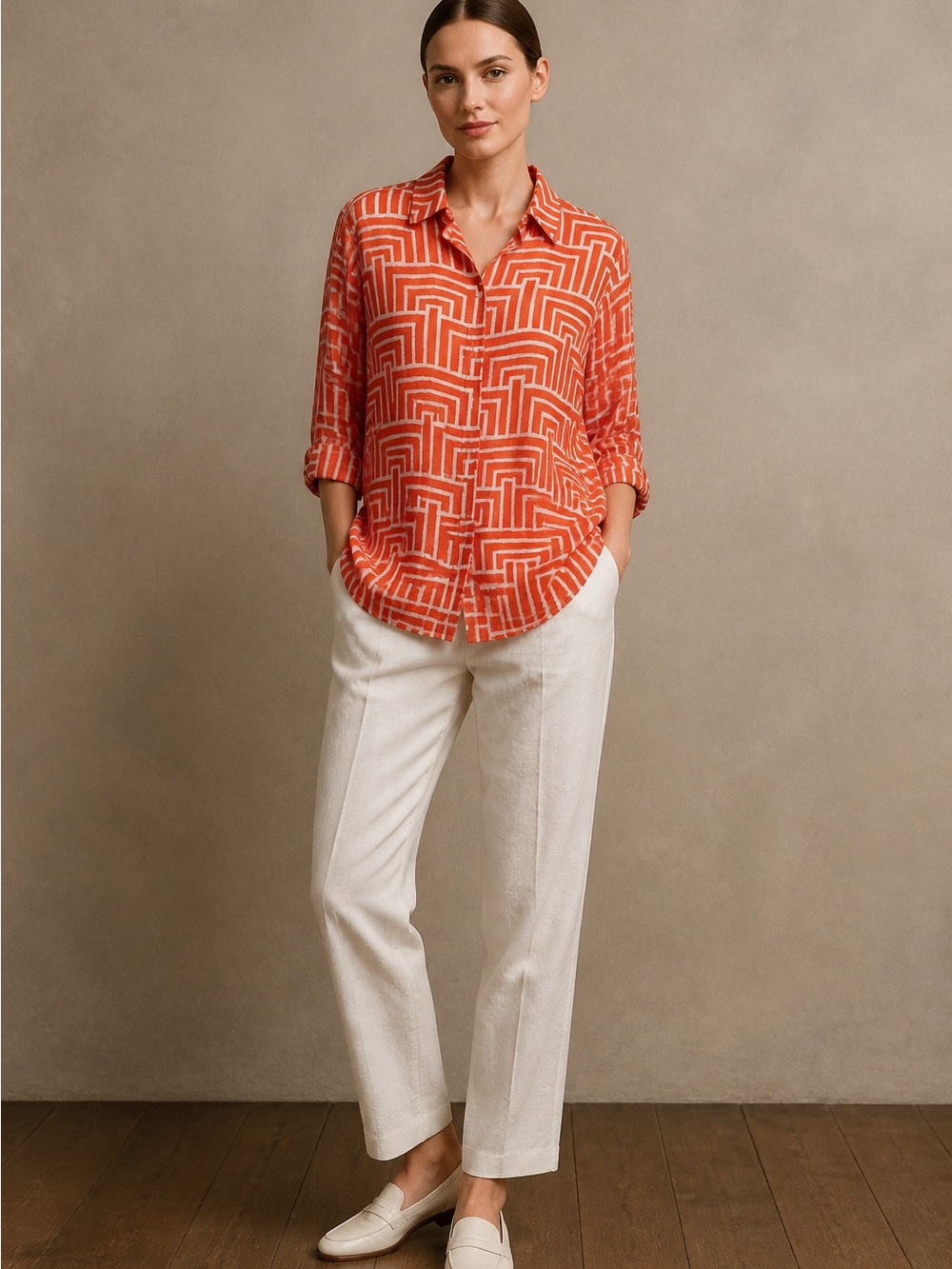 Chico's On Iron Linen Coral Geometric Button-Up 3/4 Sleeve Women's M Tunic Top - Picture 1 of 7